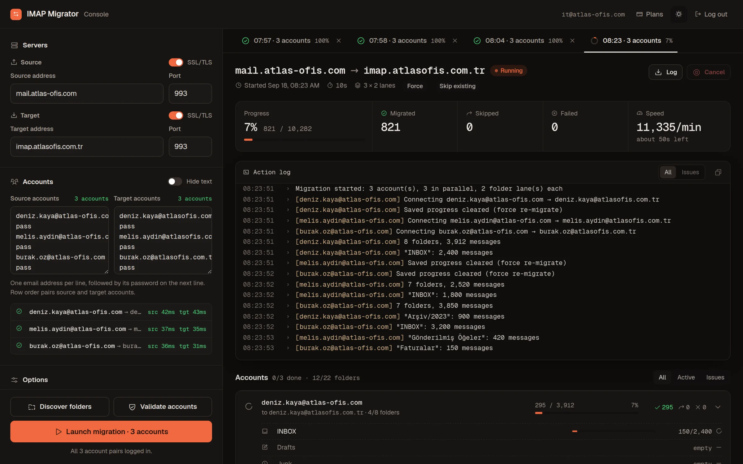 The migration console in dark mode copying three accounts