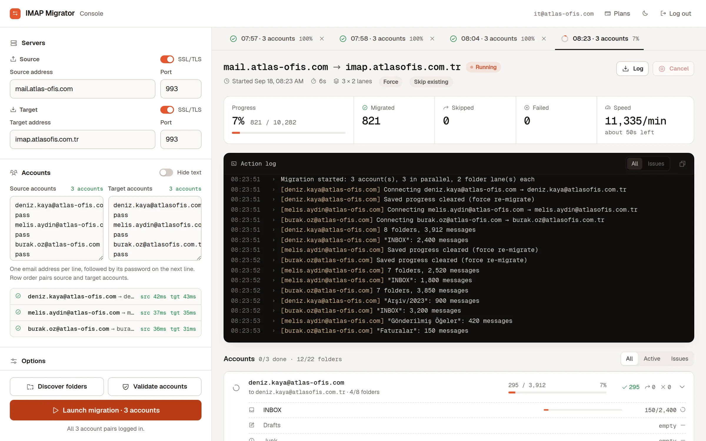 The migration console copying three accounts: live progress, an action log and per-folder counts